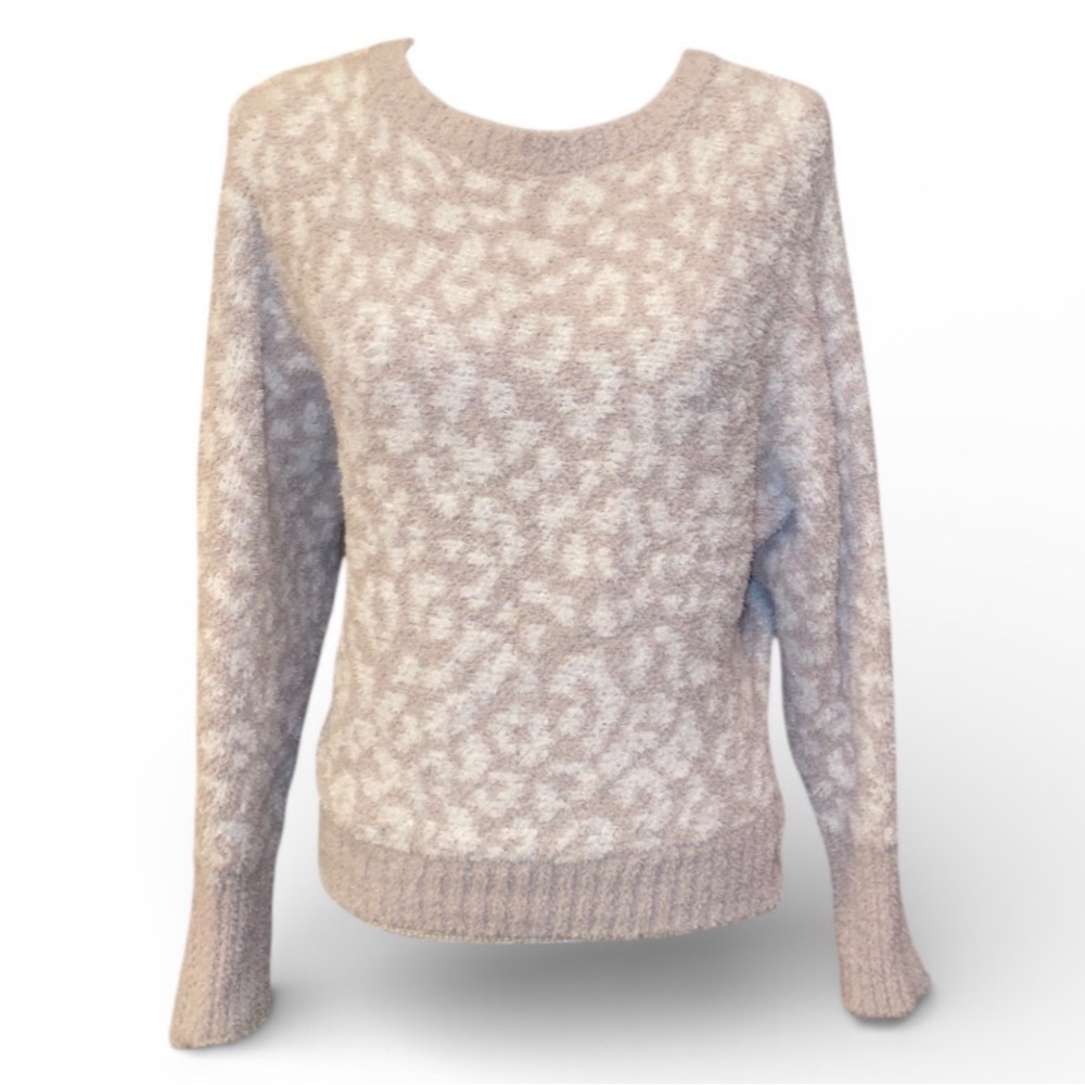 JESSICA SIMPSON Fuzzy Knit Pullover Sweater Animal Print Beige White Size Small